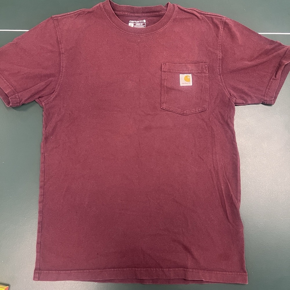 Carhartt K87 Loose Fit T-Shirt Mens Small Burgundy Crew Neck Casual Pocket Tee